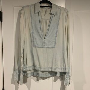 Free People Denim-like Light Blue V-Neck Blouse